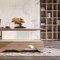 Zen Modern Tea Room Interior Design With Long Wooden Table Bamboo Wall And Bookshelves