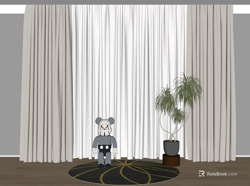 White Flowing Curtains With Potted Plant Round Mat And Decorative Doll On Wooden Floor 3d model 