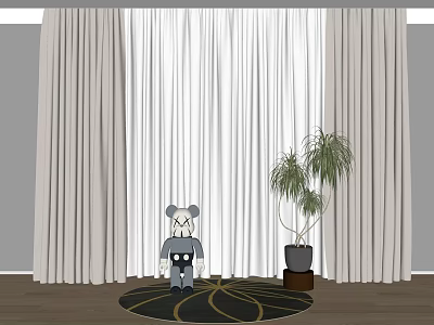 White Flowing Curtains With Potted Plant Round Mat And Decorative Doll On Wooden Floor 3d model