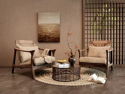 Natural Rattan Armchairs And Round Coffee Table With Wall Painting Wooden Screen And Woven Rug 3d model