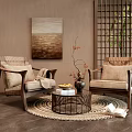 Natural Rattan Armchairs And Round Coffee Table With Wall Painting Wooden Screen And Woven Rug