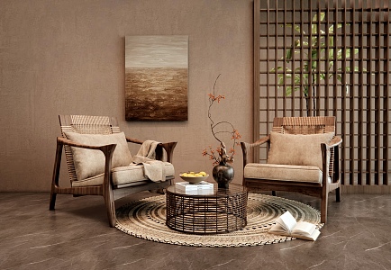 Quiet Chinese and Ancient Style Casual Table and Chair Rattan Casual Chair Casual Chair Carpet Coffee Table Plant Potted Plant Decorative Painting 3d model