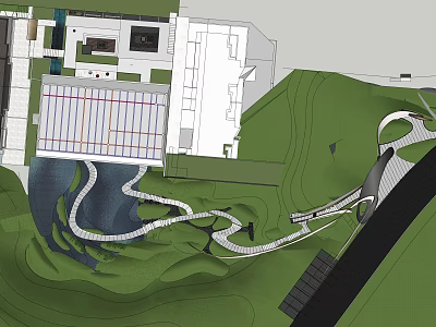 Garden Landscape Design With Winding Paths Water Features Green Terrain And Architectural Structures 3d model
