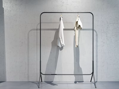 Black Freestanding Coat Rack Holding White Coat And Light Top In Minimalist Modern Room 3d model