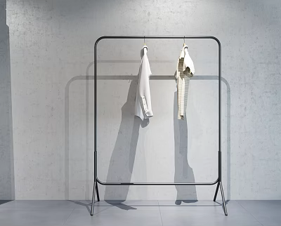 Black Freestanding Coat Rack Holding White Coat And Light Top In Minimalist Modern Room 3d model