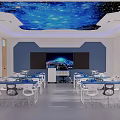 Modern School Smart Classroom With Robots Organized Desks Large Screen And Geometric Lights
