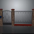 Ornate Iron Gate Outdoor Furniture With Red Topped Brick Pillars And Blue Mailbox