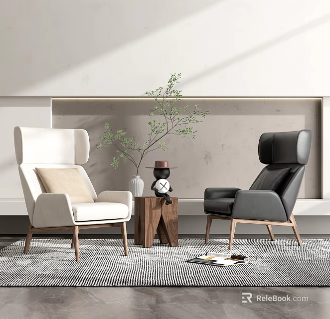 Modern Leisure Chair Set With White and Black Chairs Side Table Plant and Striped Rug 3d model 