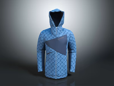 Blue Hooded Jacket With Fish Scale Textured Pattern And Contrast Panel Design 3d model