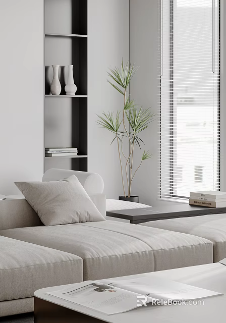 Modern Minimalist Sofa Coffee Table Set with White Upholstery Black Table Plant and Bookshelf 3d model 