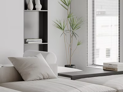 Modern Minimalist Sofa Coffee Table Set with White Upholstery Black Table Plant and Bookshelf 3d model