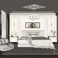 Luxurious Bedroom Interior Featuring Upholstered Bed Chandelier Wall Art Nightstands And Area Rug