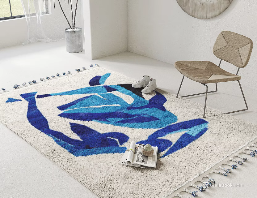 Blue Abstract Patterned Square Rug With Tassel Edges In Bright Room With Slippers 3d model 