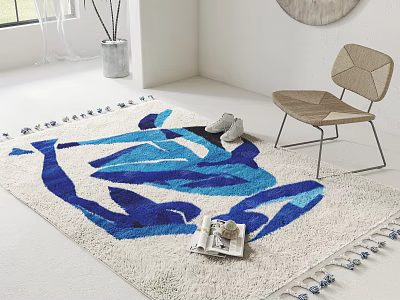 Blue Abstract Patterned Square Rug With Tassel Edges In Bright Room With Slippers 3d model