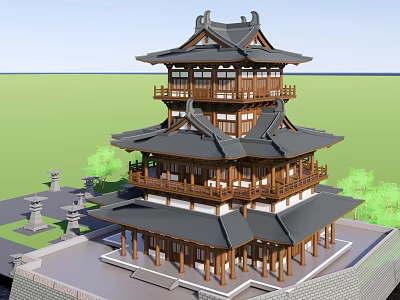 Ancient Architecture Multi Tiered Traditional Roof Wooden Frame Structure With Surrounding Greenery And Stone Lanterns 3d model