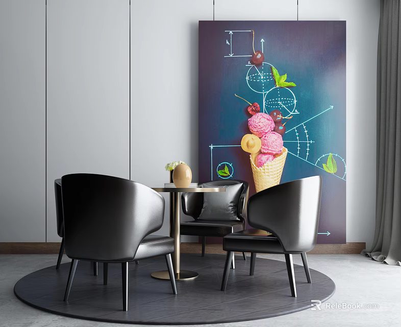 Modern Interior Round Table Set With Black Chairs And Colorful Artwork 3d model