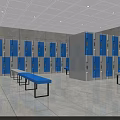 Neatly Arranged Blue And White Lockers With Benches In Spacious Indoor Area