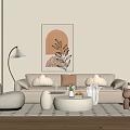 Stylish Beige Sofa Coffee Table Set with Throw Pillows Floor Lamp Wall Art and Rug