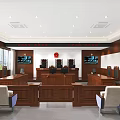 Courtroom Interior with Wooden Judge's Bench Chairs Legal Furniture and Equipment Setup