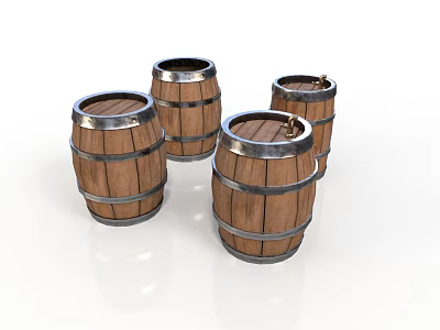 Set of Wooden Barrels with Metal Hoops for Home Storage and Decor 3d model