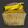 Appetizing Cupcake With Yellow Frosting And Purple Decoration On Ruffled Paper Liner
