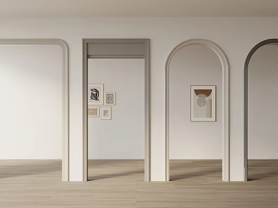 Bright Interior Room With White Walls Multiple Arches Framed Artworks And Wooden Flooring 3d model