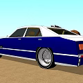 Blue Luxury Sedan With White Stripes And Large Silver Rims In Front Of Classic House