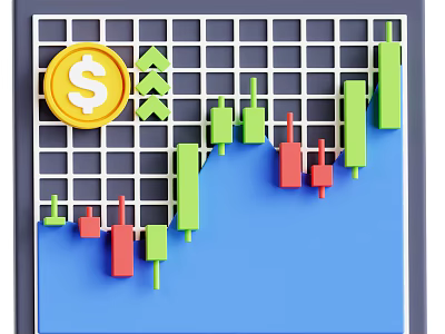 Decorative Ornament Set With Dollar Sign Upward Arrows Green Red Candlestick Charts And Grid Background 3d model