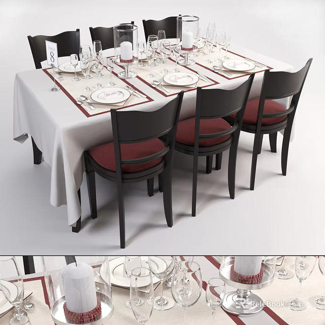Elegant Dining Table Set with White Tablecloth Tableware Wine Glasses Black Chairs and Red Cushions 3d model