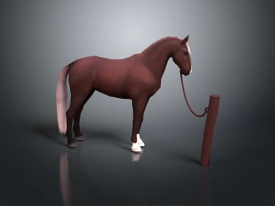 A brown horse tied to a wooden post with gray background and reflective ground 3d model