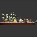 Cartoon Scenic Camping Site with Tepees Green Trees Campfire and Bear Figure