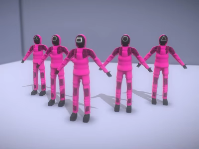 Five Pink Animal Astronauts in Spacesuits with Different Head Symbols Standing on White Background 3d model