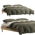 Minimalist Double Bed with Wooden Frame Light Green Linen Bedding and Pillows