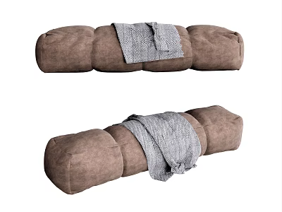 Brown Upholstered Sofa Bench with Tufted Design and Gray Blanket Draped 3d model