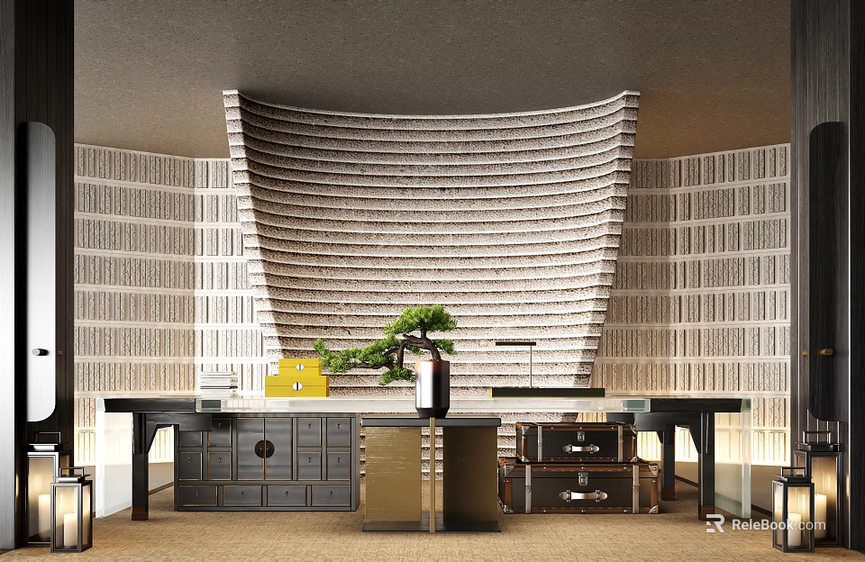 Elegant Modern Table And Cabinet Combination With Arched Striped Wall Potted Plant And Yellow Box 3d model 