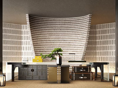 Elegant Modern Table And Cabinet Combination With Arched Striped Wall Potted Plant And Yellow Box 3d model