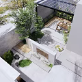 Serene Courtyard Garden With Stone Wall Rockery Stones Pergola And Green Plants