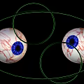 Human Eyes With Blue Pupils Red Blood Vessels And Green Outline On Black Background