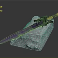 Purple Sword With Golden Hilt And Black Decorative Accents On White Stone