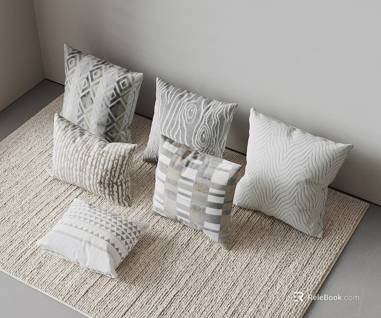 Modern Gray White Throw Pillows With Geometric Striped And Wave Patterns On Carpet 3d model 