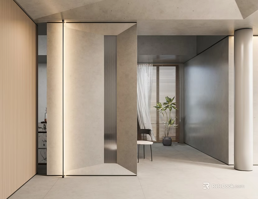 Modern Geometric Partition Design In Bright Interior Space With Plant And Window 3d model 