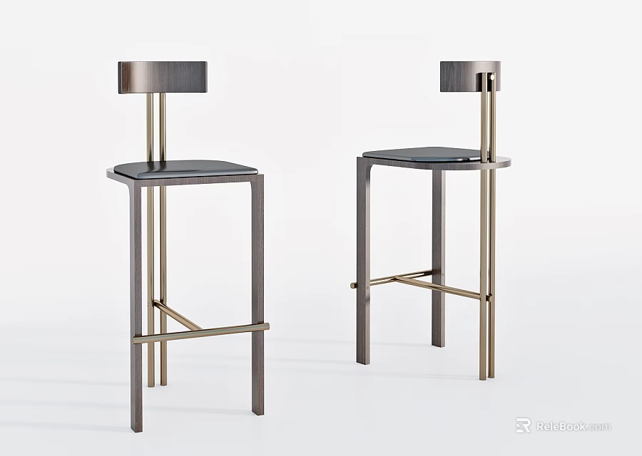 Modern Bar Stools With Metal Frame Black Seat And Round Backrest Design 3d model 