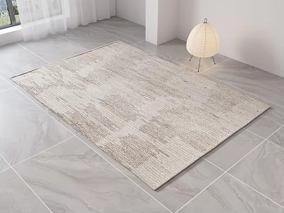 Square Rug On Light Colored Tiled Floor With White Floor Lamp And Window Curtains 3d model