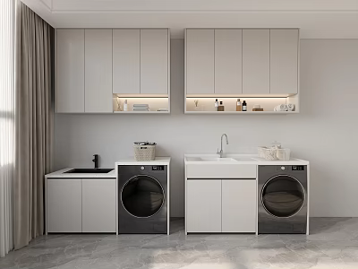 Modern Bathroom Cabinet with Upper and Lower Cabinets Washing Machine and White Countertop 3d model