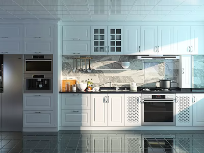 Modern White Kitchen Cabinets With Stainless Steel Appliances And Marble Countertop 3d model
