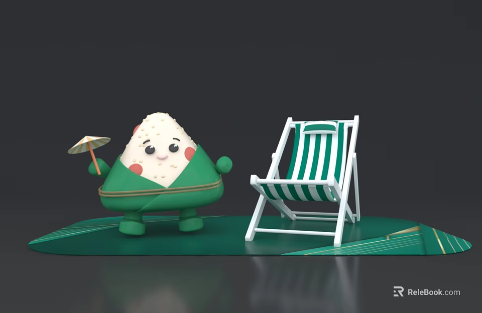Cartoon Rice Dumpling Sculpture With Smiling Face And Small Umbrella Near Striped Deck Chair 3d model 