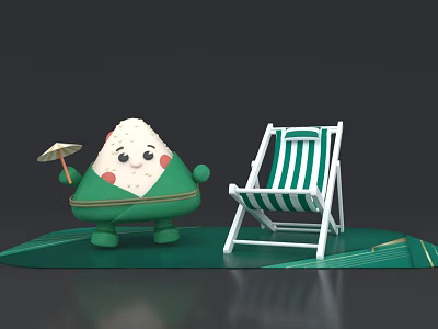 Cartoon Rice Dumpling Sculpture With Smiling Face And Small Umbrella Near Striped Deck Chair 3d model