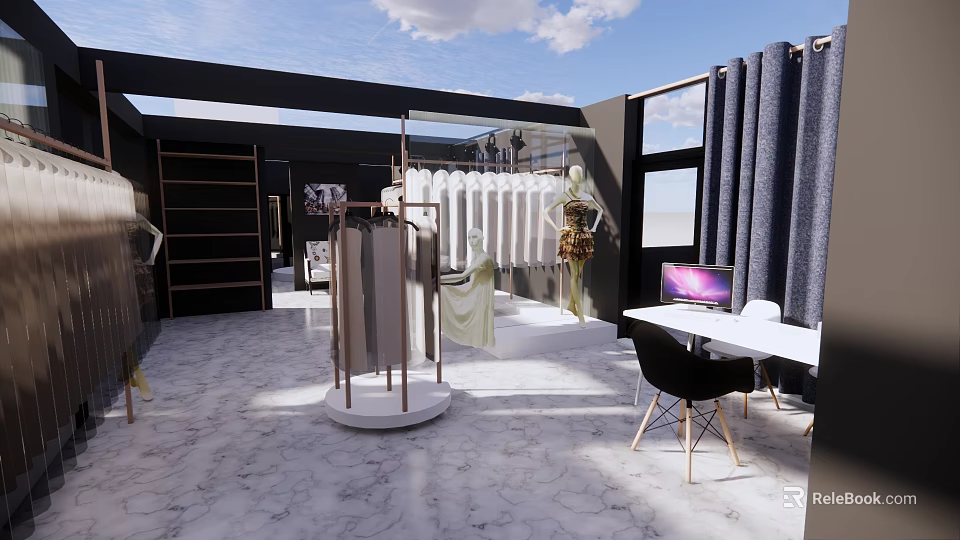 Elegant Bridal Shop Interior Design With Wedding Dress Racks Fitting Area And Marble Floor 3d model 