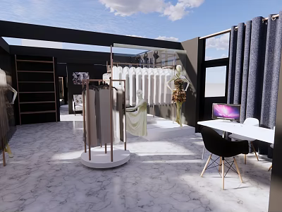 Elegant Bridal Shop Interior Design With Wedding Dress Racks Fitting Area And Marble Floor 3d model
