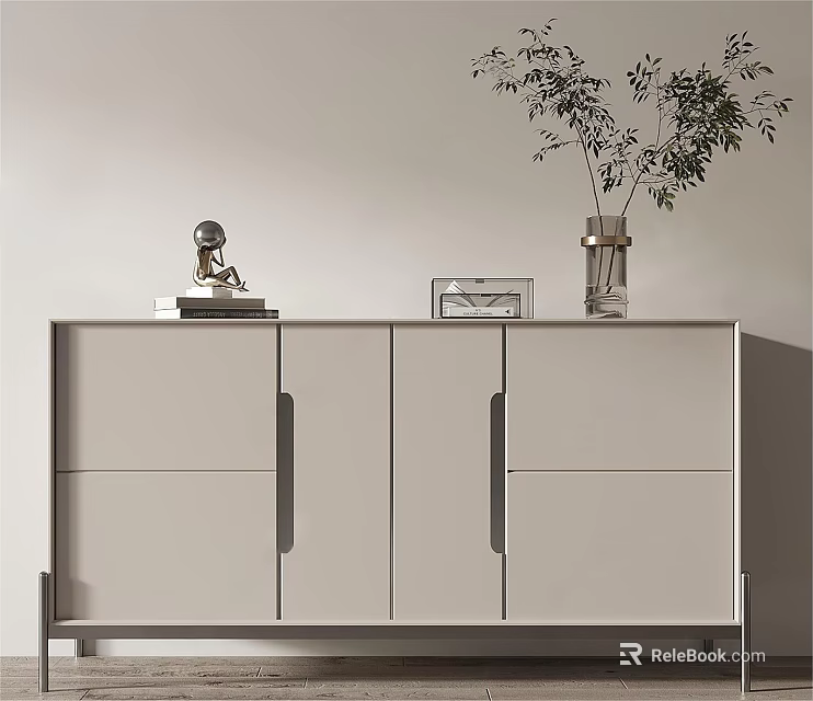 Modern White Entryway Cabinet Sideboard with Decorative Vase Greenery and Photo Frame 3d model 